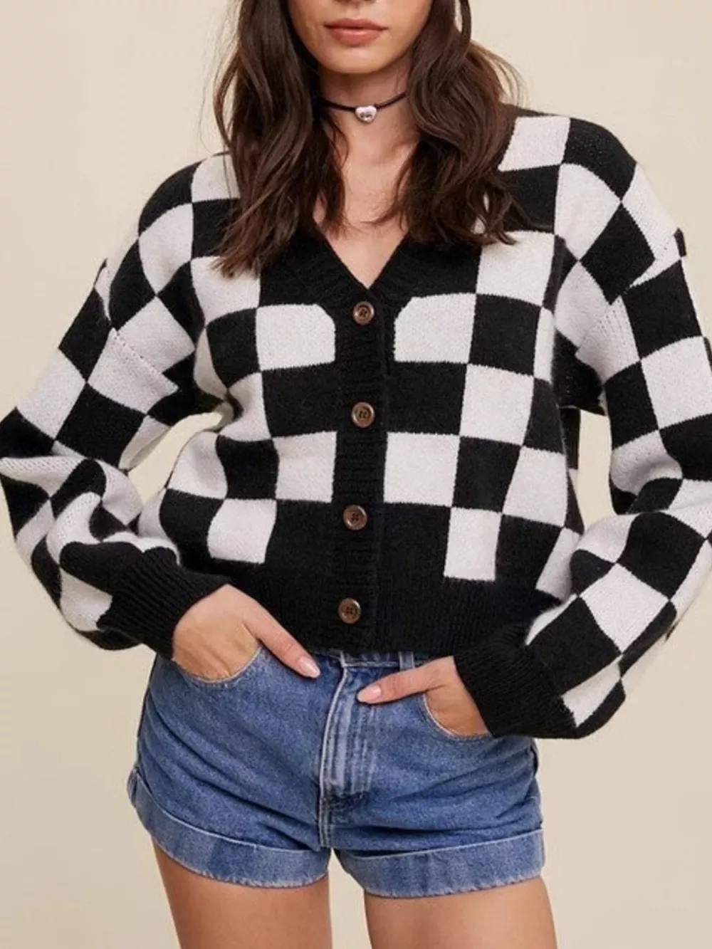 Checkerboard Pattern Button-Down Cardigan, image 2