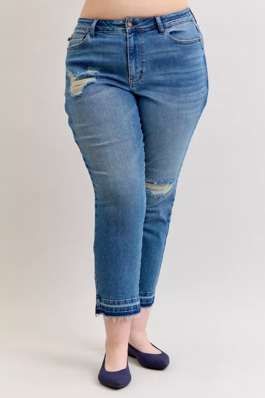Full Size Mid Rise Bf Patch & Repair Destroy Release Hem Jeans Plus Size, image 4