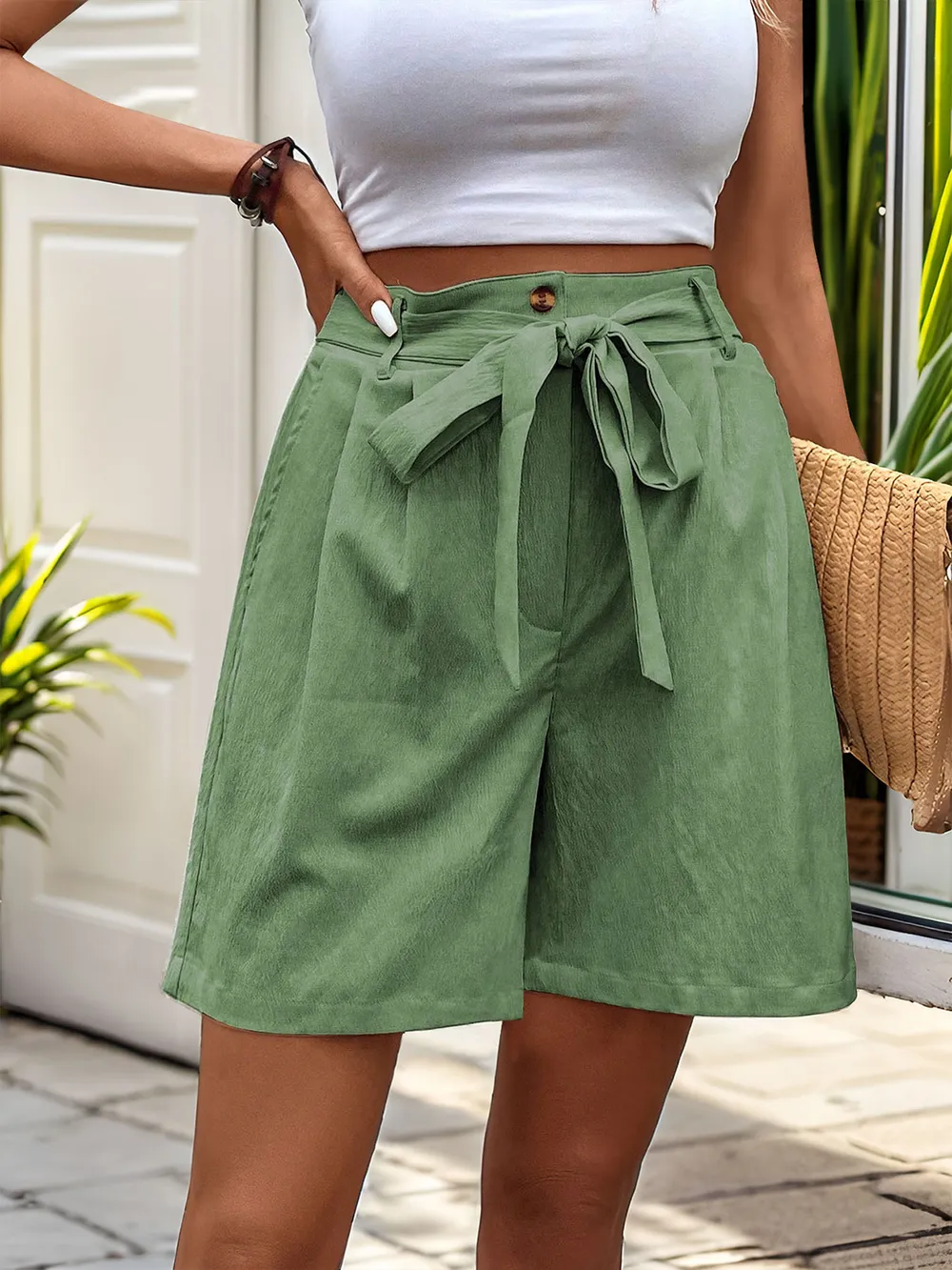 Tied High Waist Shorts with Pockets, image 10