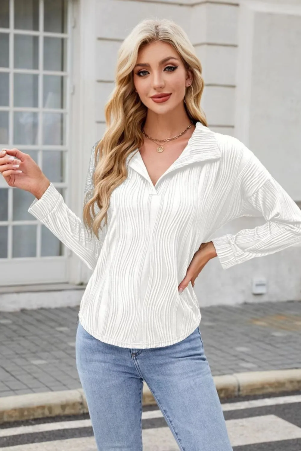 Texture Collared Neck Long Sleeve Blouse, image 8