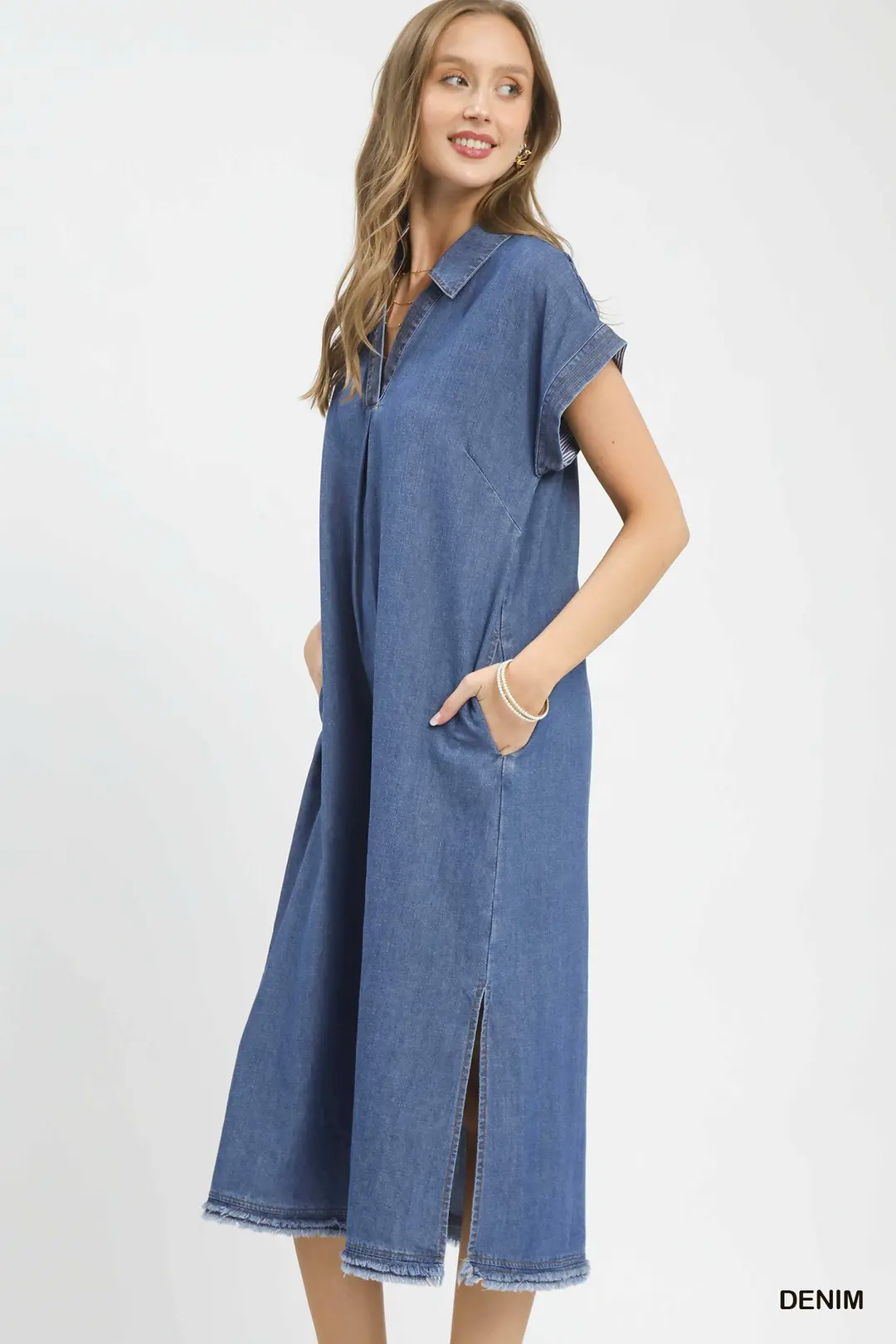 Stone Washed Collared Denim Midi Dress, image 2