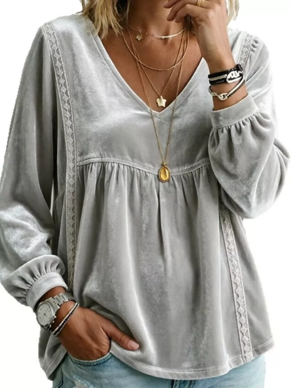 Full Size V-Neck Long Sleeve Velvet Blouse with Lace Trim Plus Size, image 16