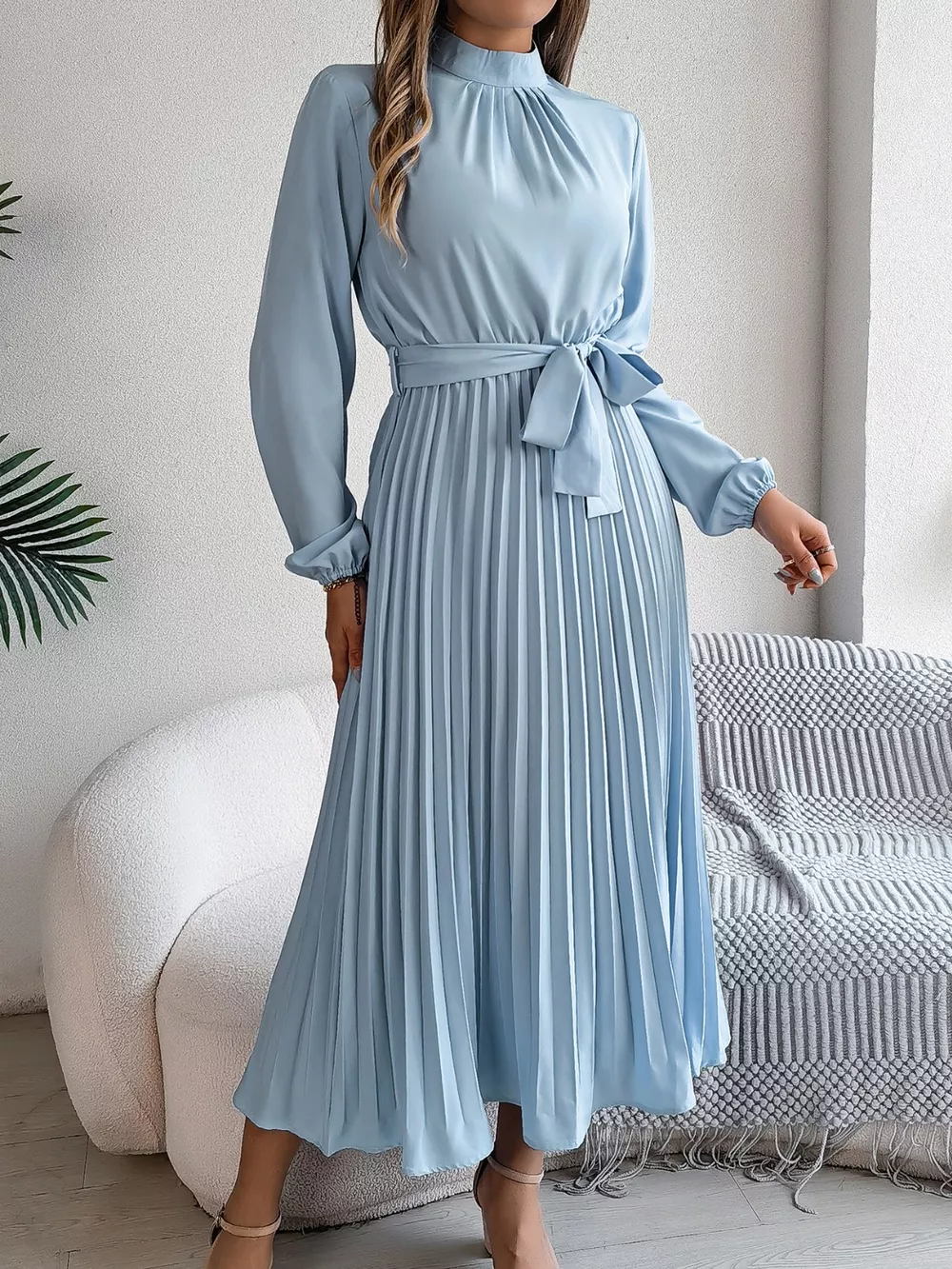 Mock Neck Pleated Midi Dress, image 17