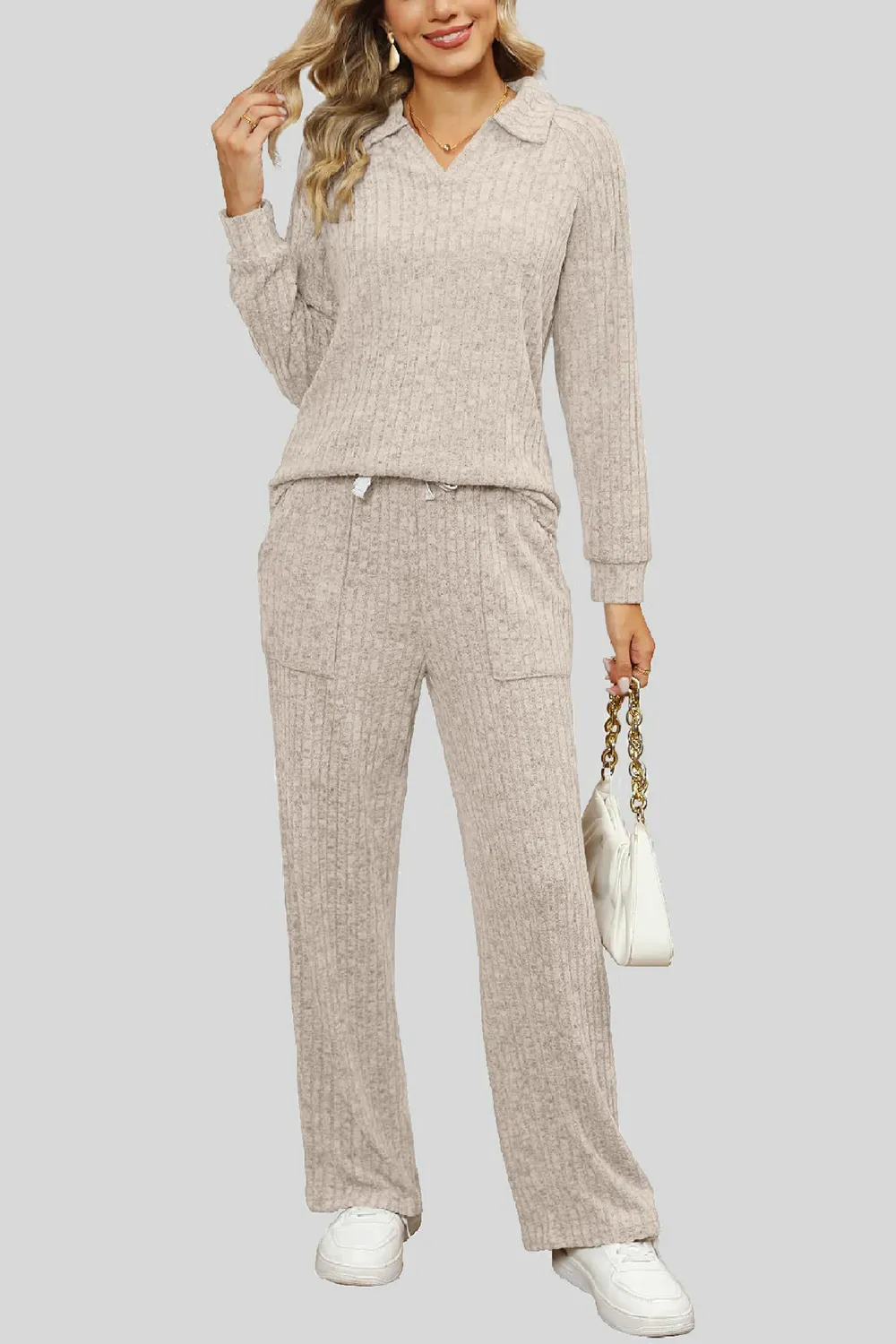 Ribbed Long Sleeve Top and Pocketed Pants Set, image 9