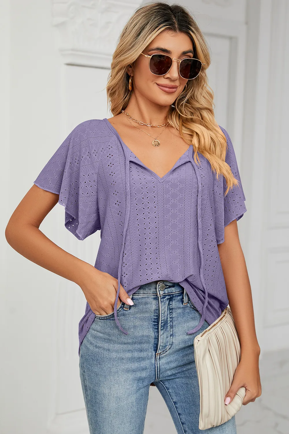 Eyelet Tie Neck Flutter Sleeve Blouse, image 25