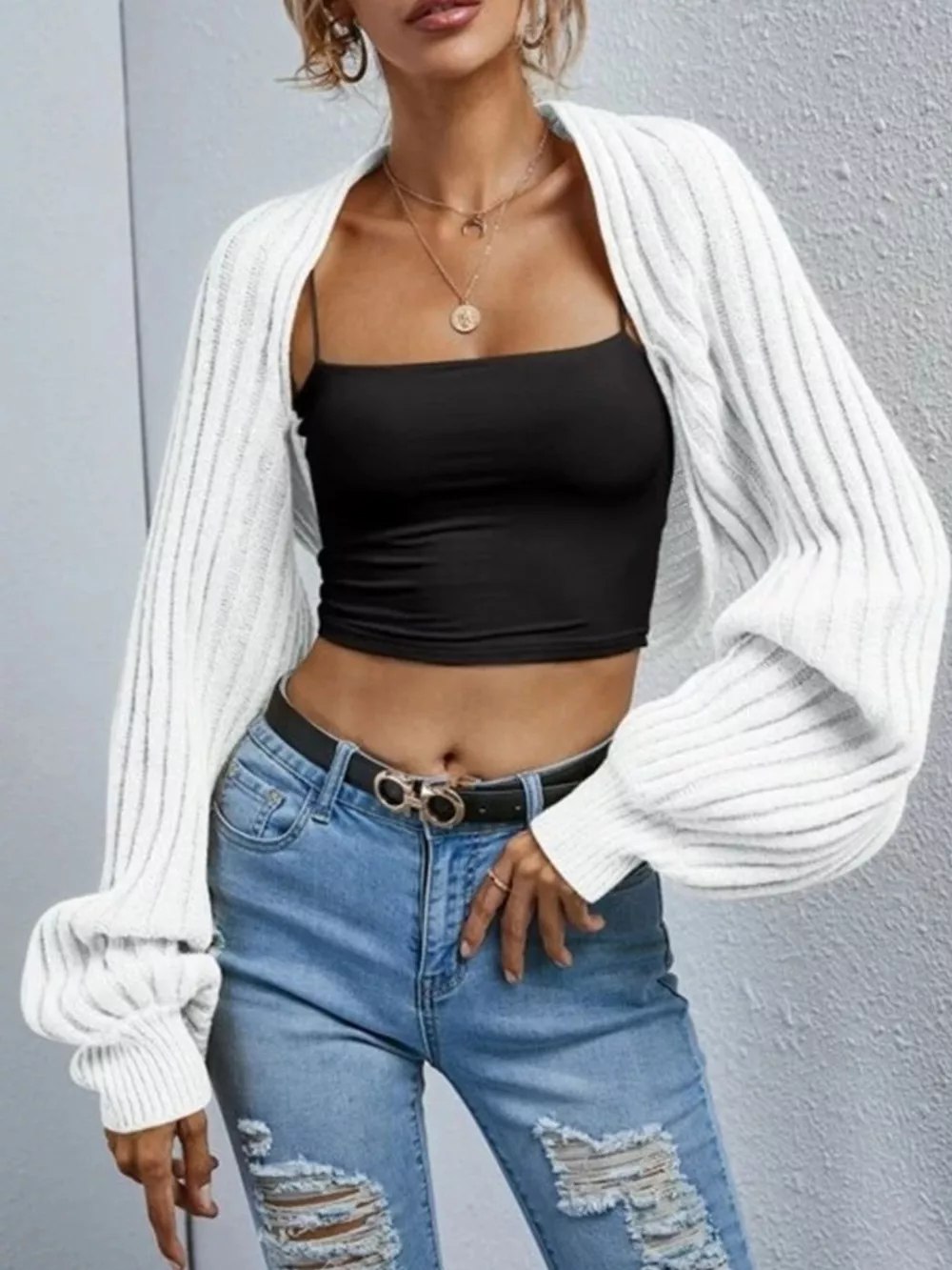 Cropped Ribbed Knit Cardigan, image 9