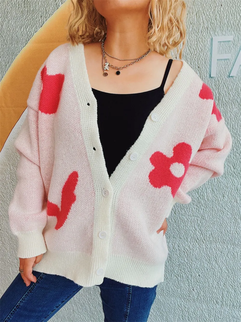 Flower Button Down V-Neck Long Sleeve Cardigan, image 5