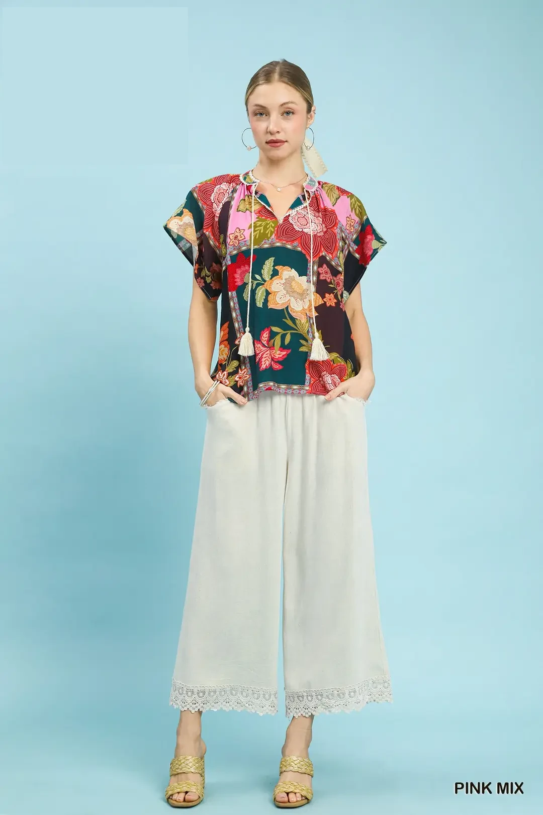 Mix Floral Patchwork Tassel Tie Top, image 4