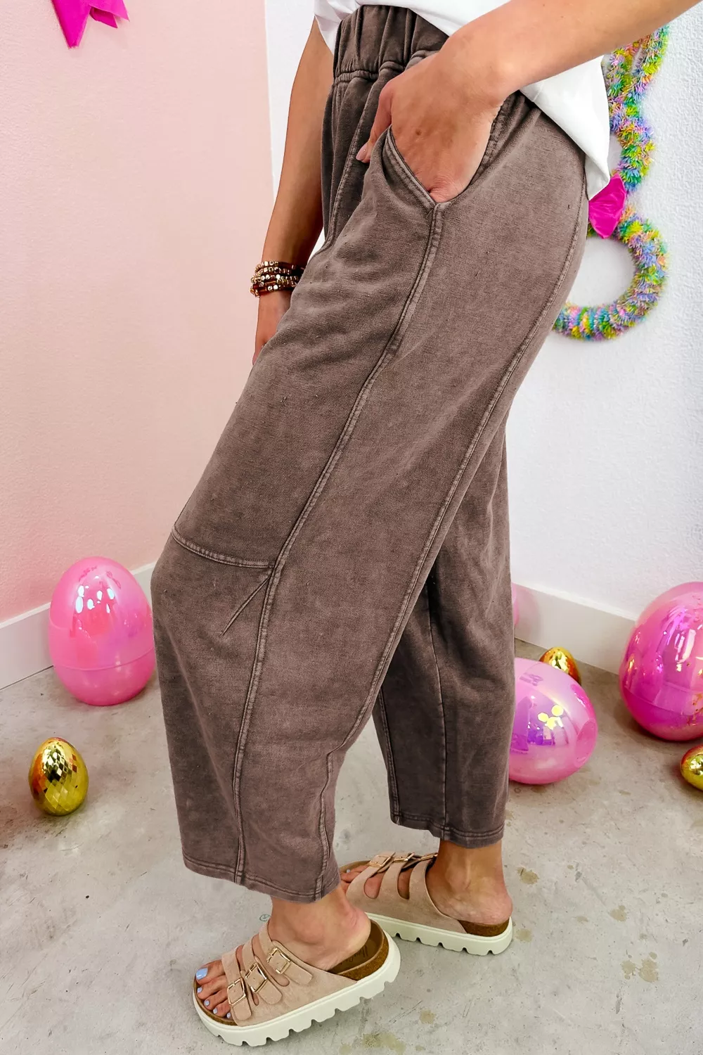 Mineral Wash Seam Detail Elastic Waist Barrel Pants, image 4
