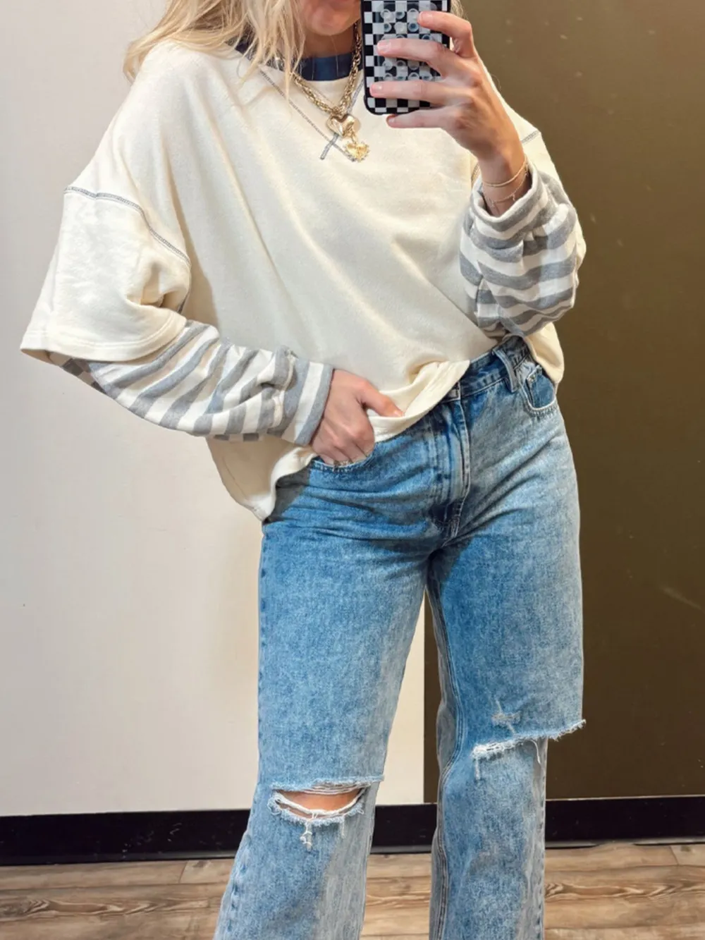 Striped Patchwork Long Sleeve Round Neck Two-in-one Top, image 4