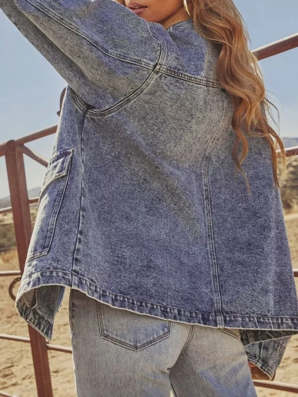 Zip Up Contrast Corduroy Collar Denim Jacket, image 4