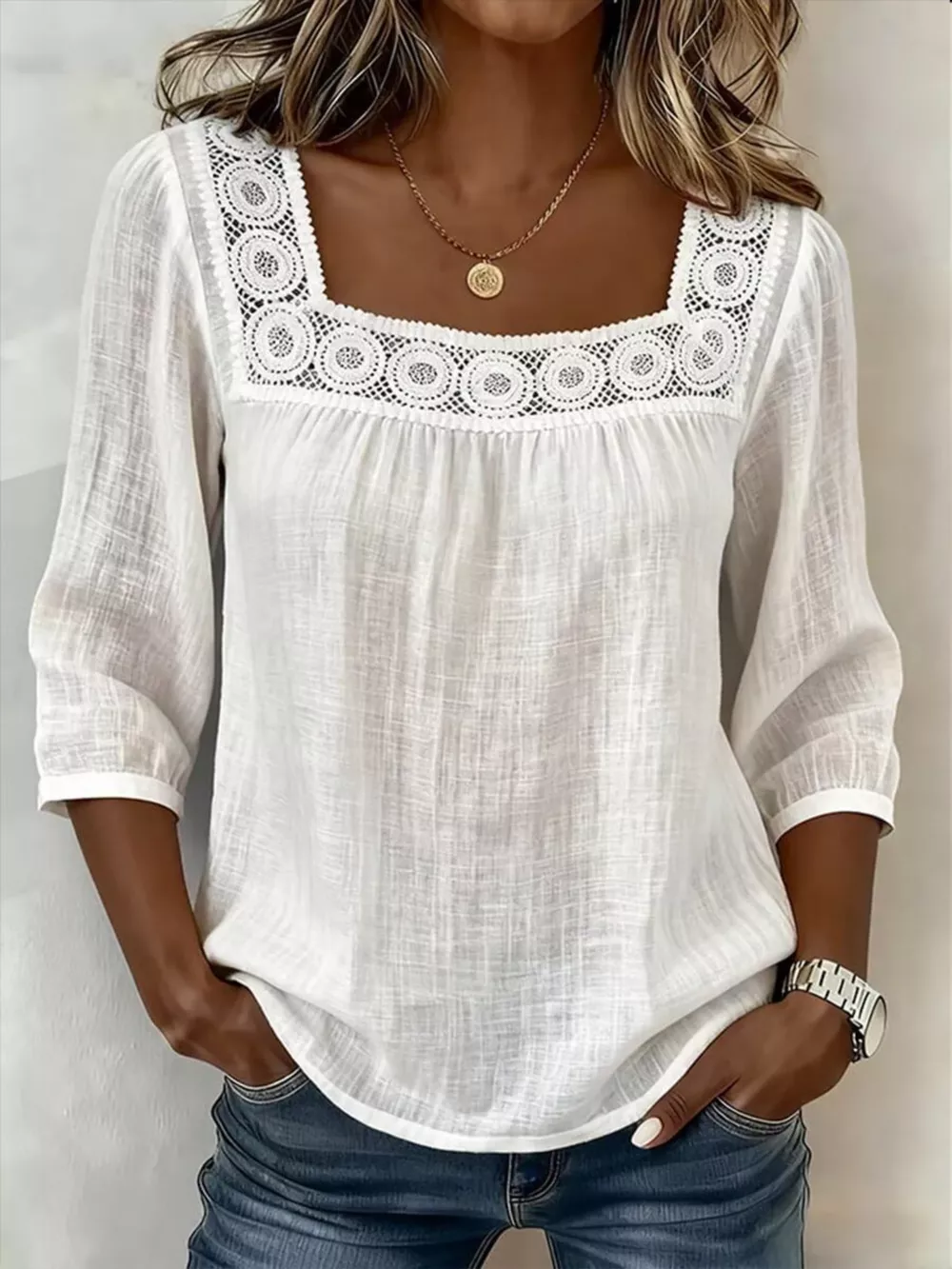 Crochet Trim Square Neck Blouse, image 2