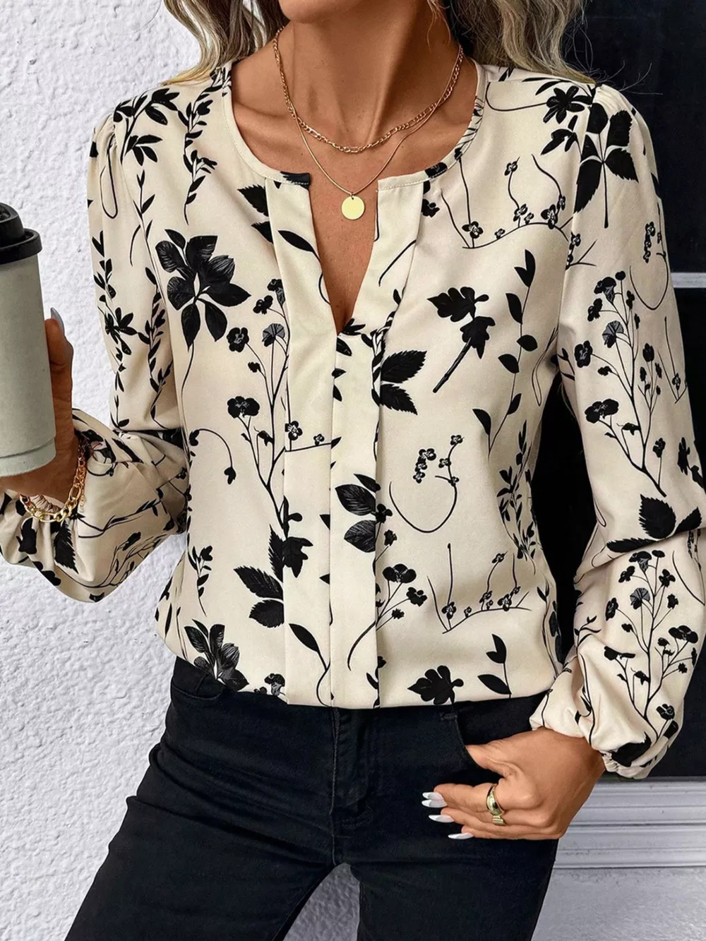 Floral Print Split Neck Long Sleeve Blouse, image 4
