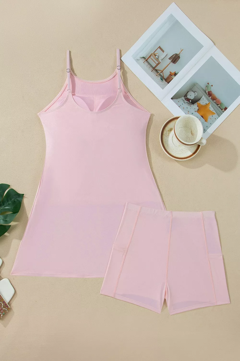Solid Color Tunic Tank Dress Athletic Shorts Two Piece Set, image 4