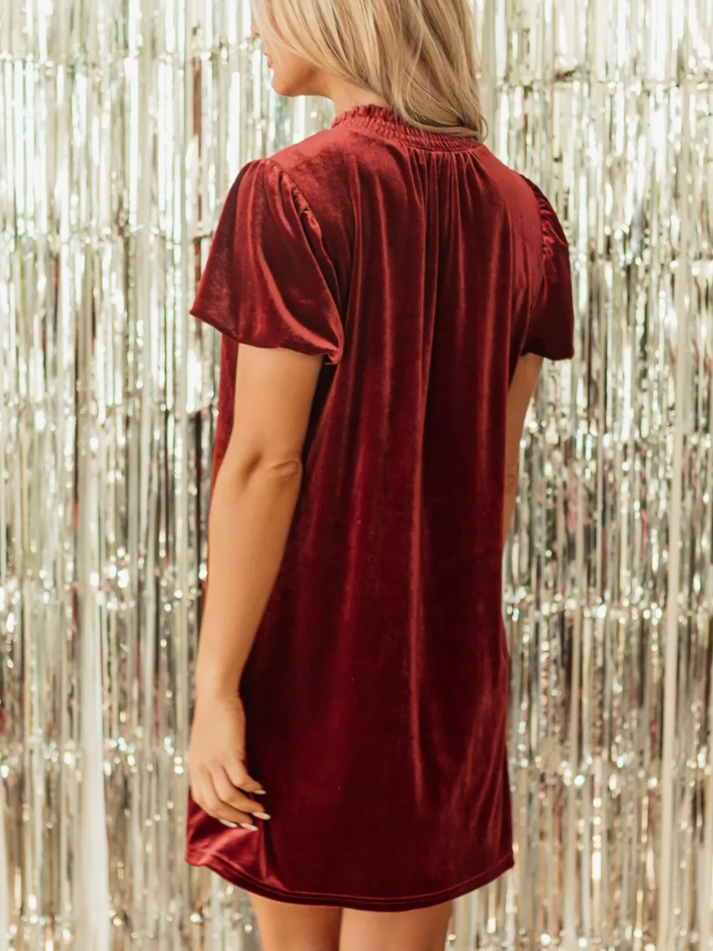 Tie Neck Puff Sleeve Velvet Dress, image 9