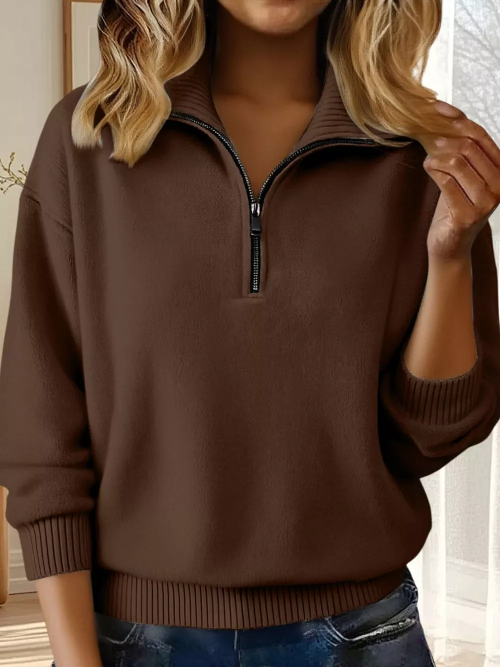 Full Size Half Zip Dropped Shoulder Sweater Plus Size, image 20