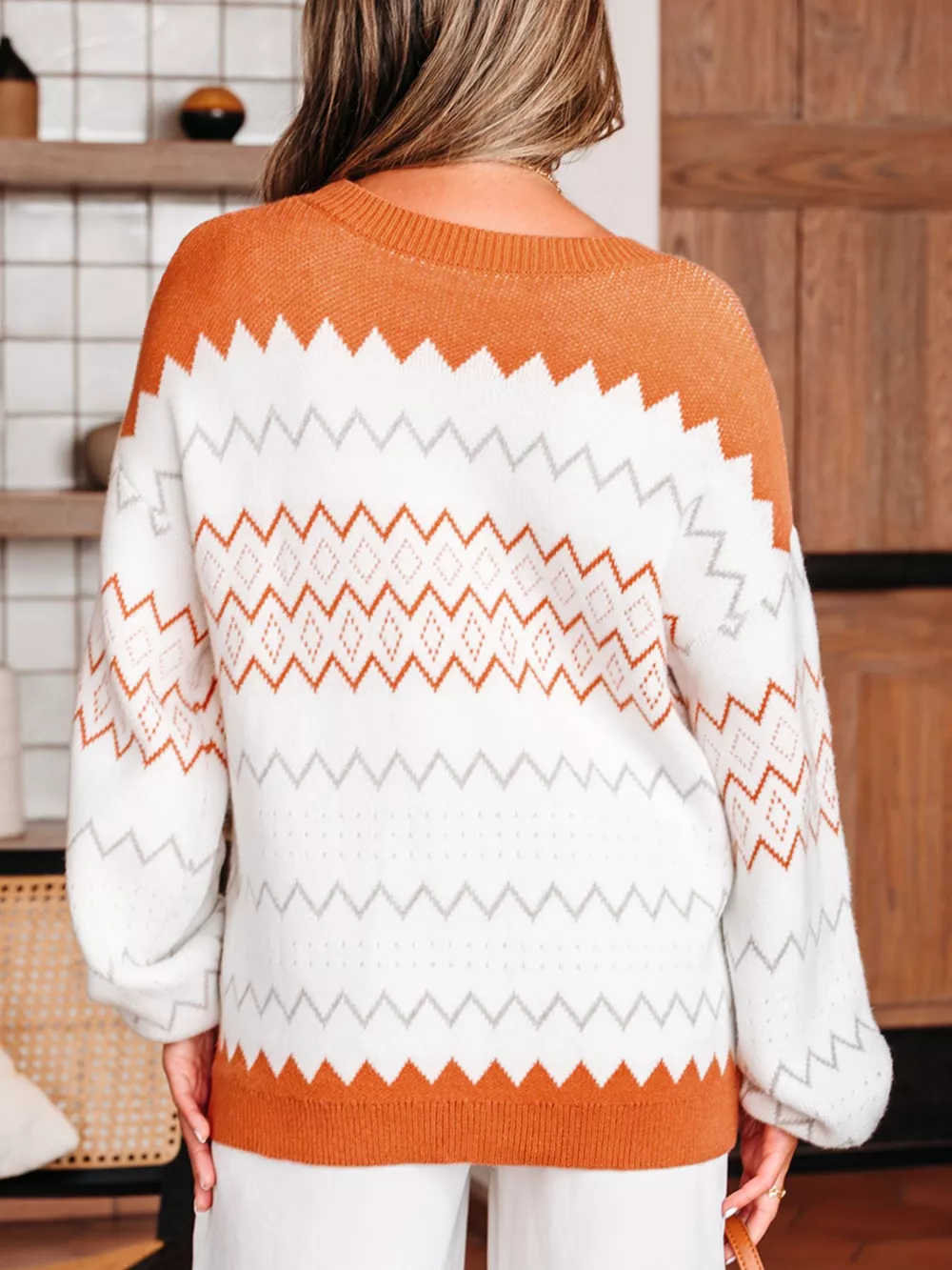 Zigzag Geometric Pattern Round Neck Sweater, image 4