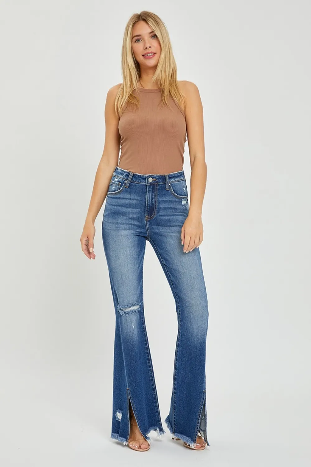 Full Size High Rise Front Slit Frayed Hem Flare Jeans, image 3
