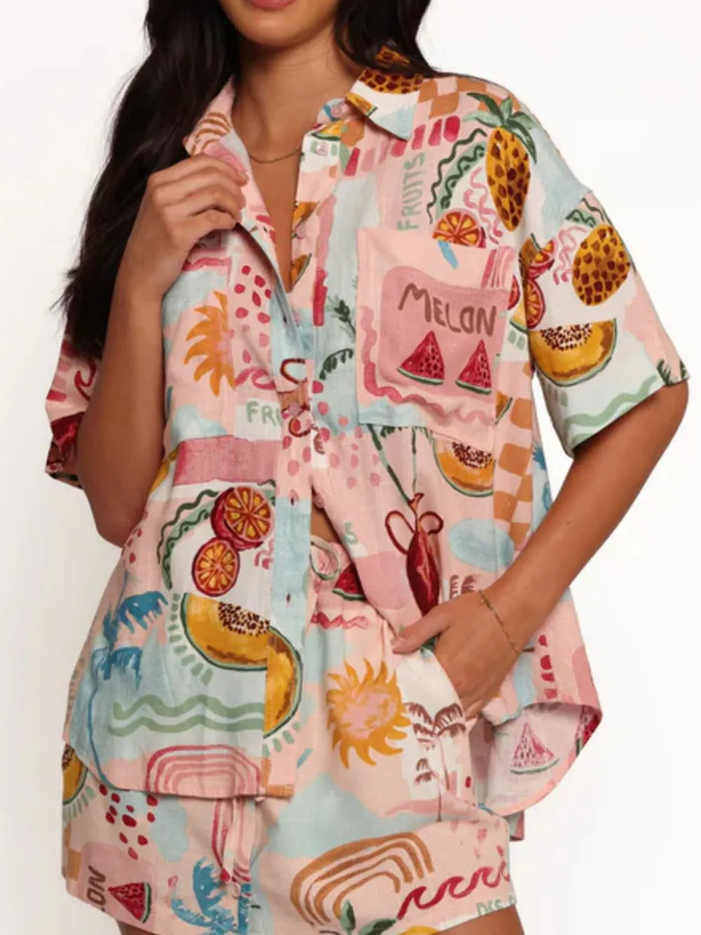 Printed Button Up Shirt and Shorts Set, image 2