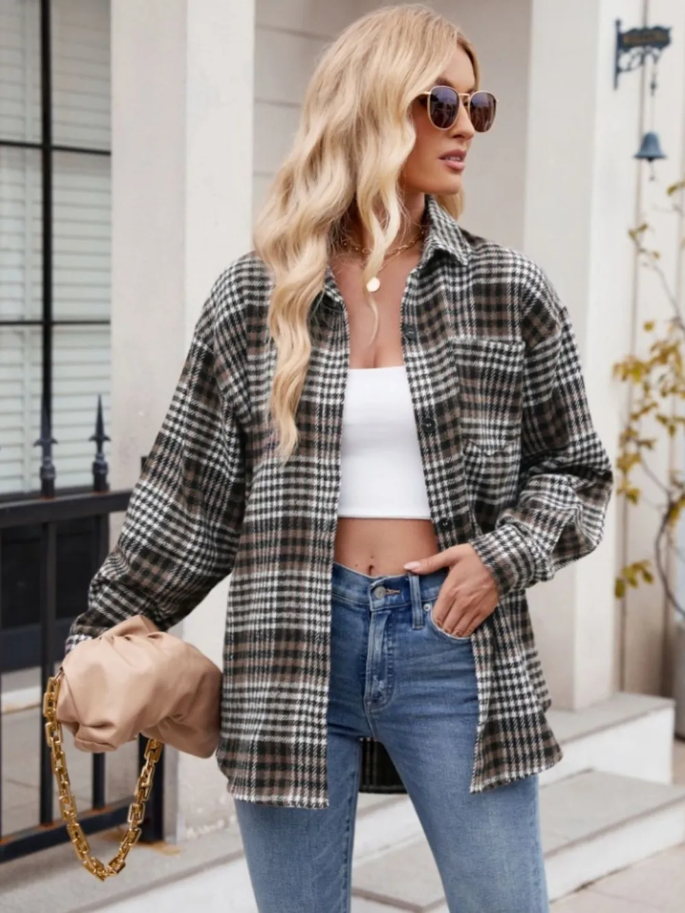 Pocketed Plaid Collared Neck Long Sleeve Shirt, image 19