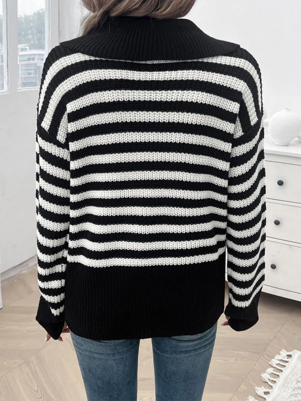 Striped Collared Neck Long Sleeve Sweater, image 10