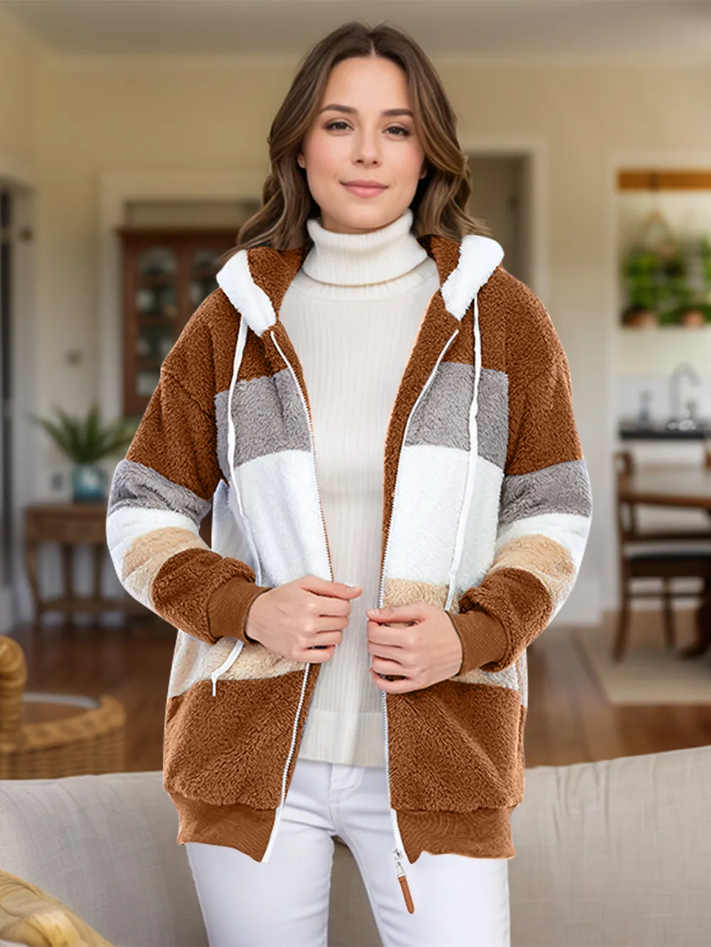 Full Size Drawstring Color Block Zip Up Hooded Outerwear, image 22