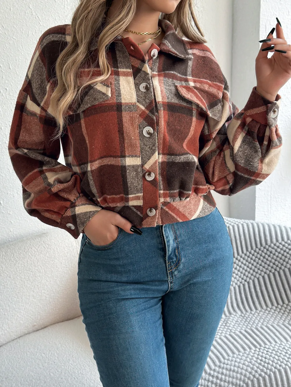 Plaid Button Up Long Sleeve Jacket, image 5