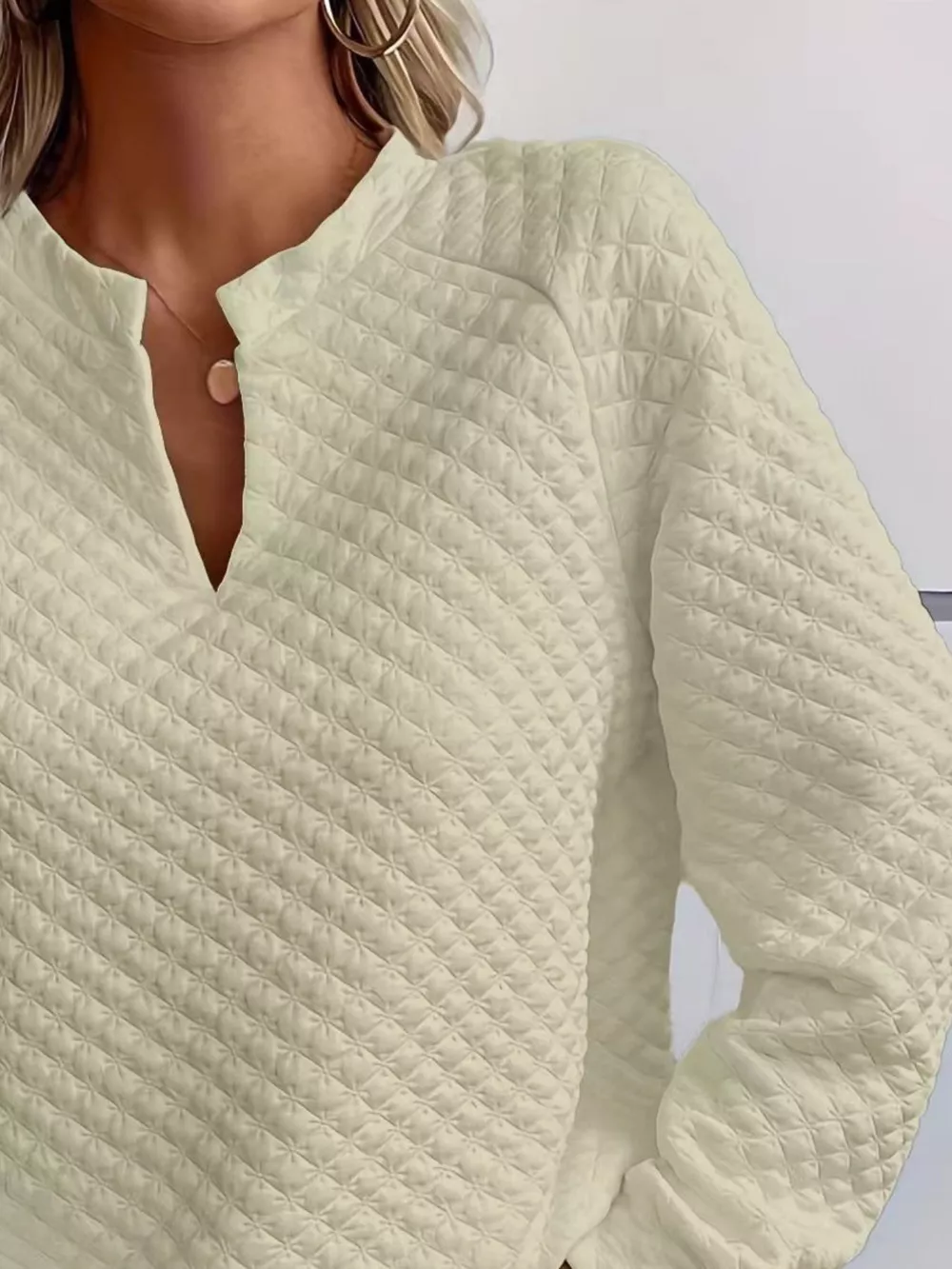 Quilted Texture Long Sleeve Sweatshirt with Notched Neck, image 10
