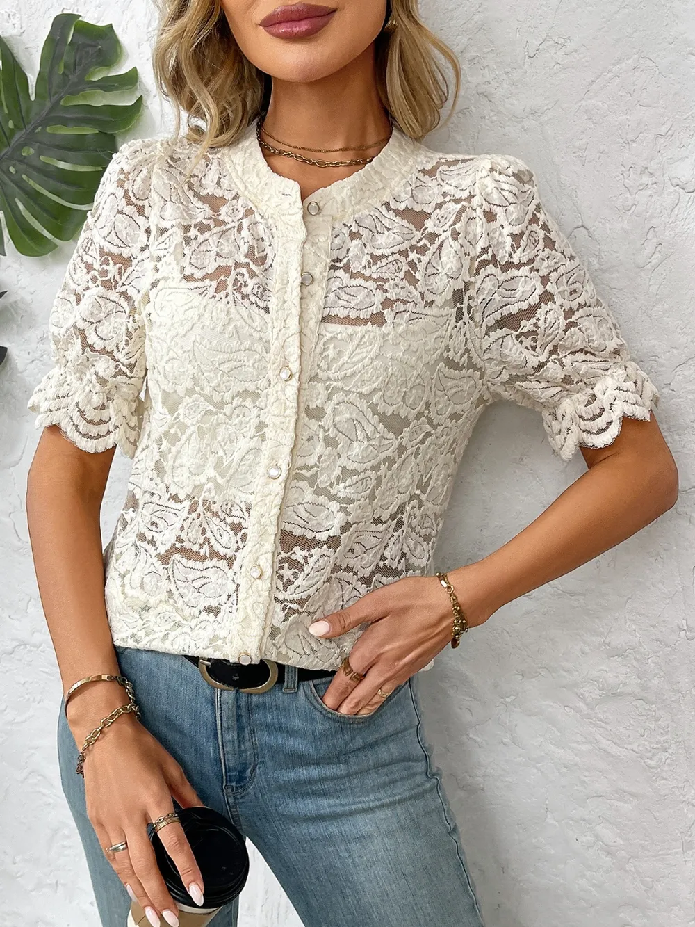Button Down Half Sleeve Lace Shirt, image 2
