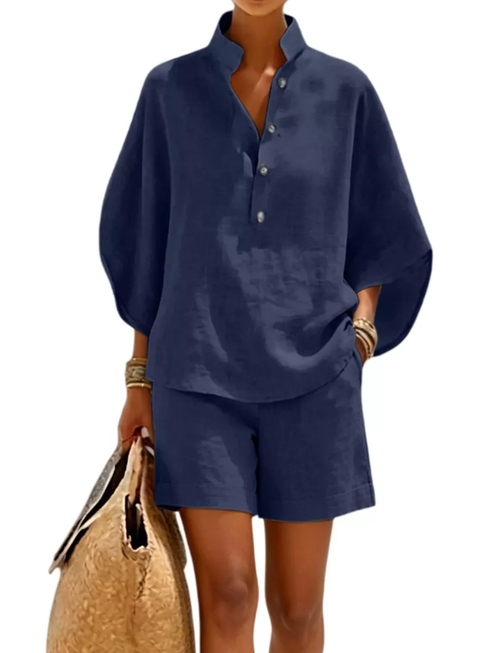 Full Size Button Detail Loose Fit Top and Shorts Set Plus Size, image 5