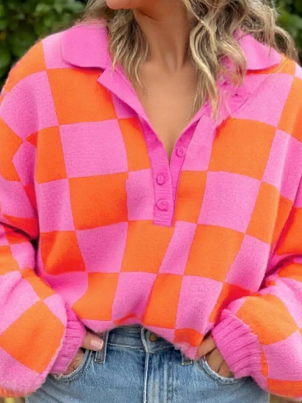 Checkerboard Pattern Half Button Sweater, image 2