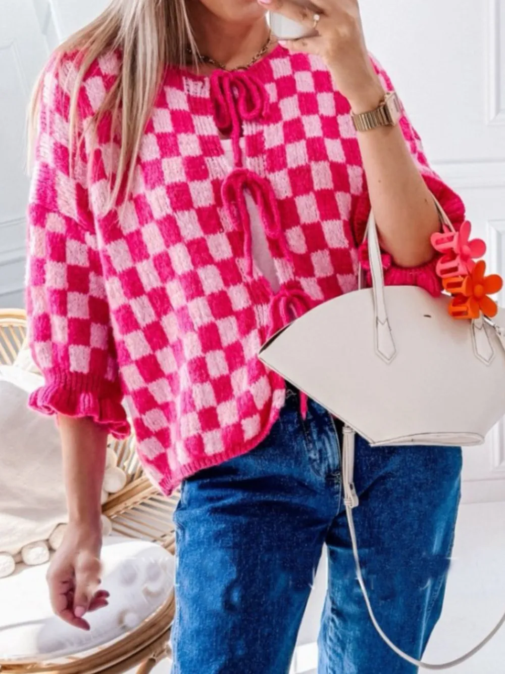 Checkered Tie-Front Knit Cardigan, image 10