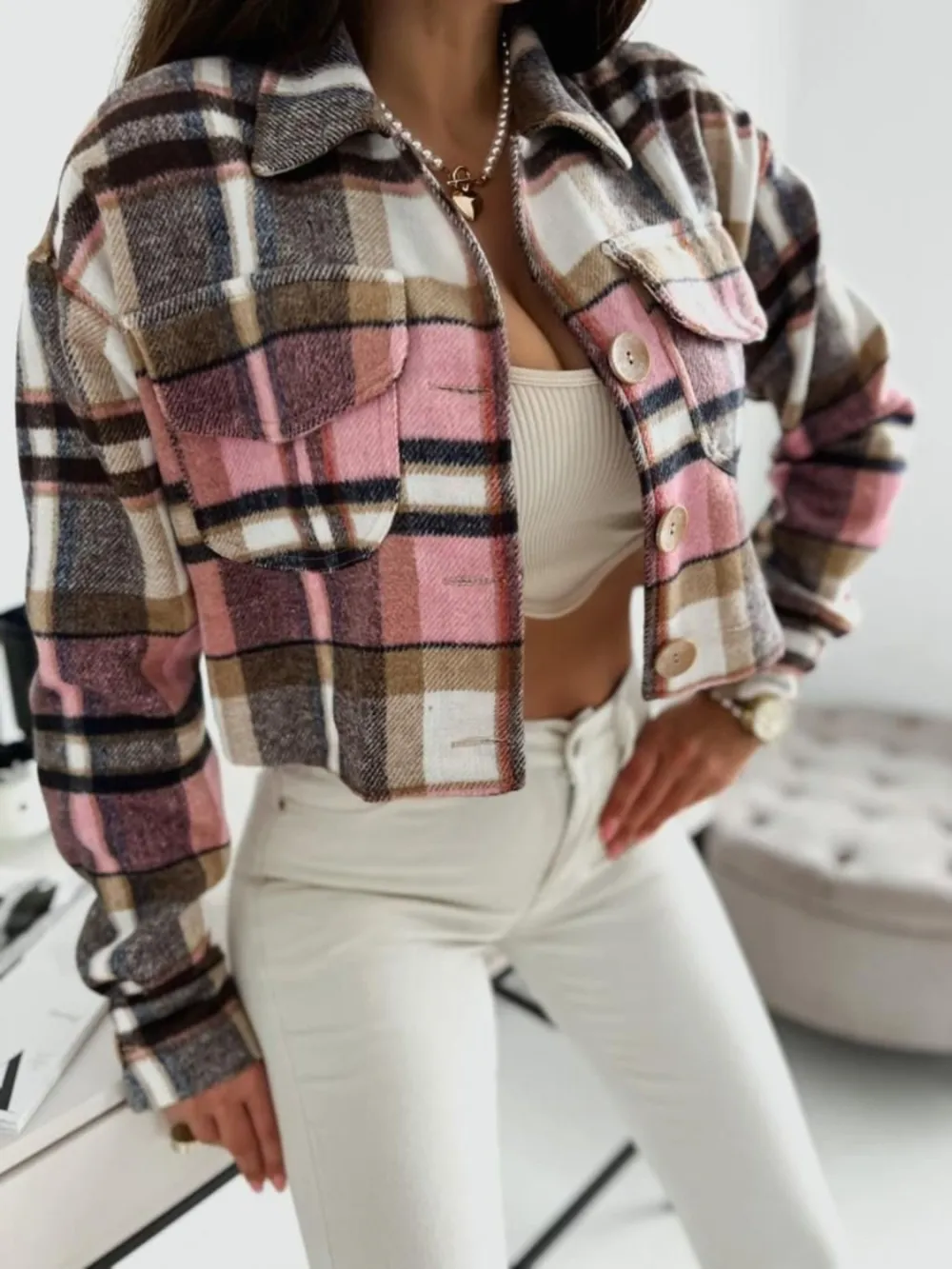 Pocketed Collared Neck Long Sleeve Plaid Jacket, image 4