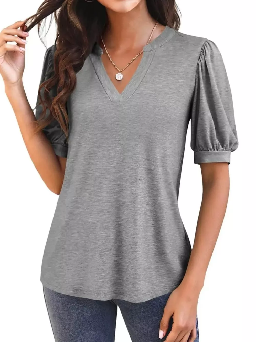Puff Sleeve Notched Casual T-Shirt, image 28