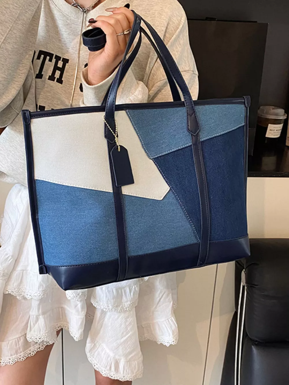 Color Block Denim Shoulder Bag, image 4