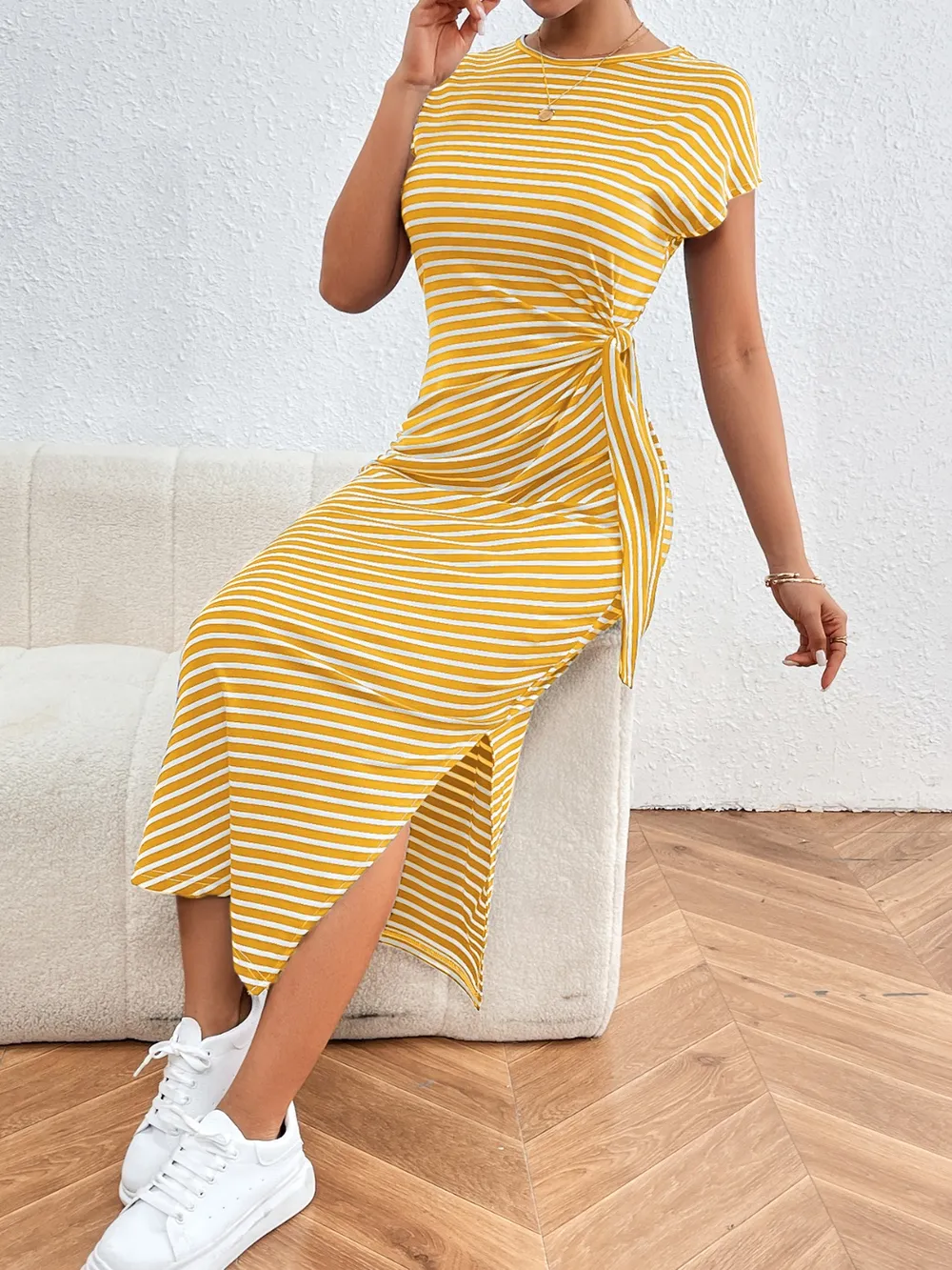 Tied Striped Round Neck Short Sleeve Tee Dress, image 12