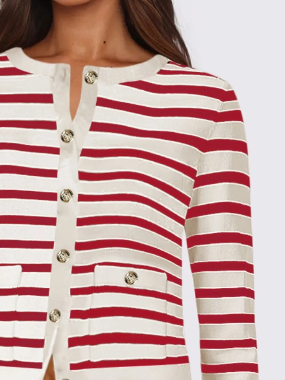 Striped Round Neck Button Up Long Sleeve Cardigan, image 12