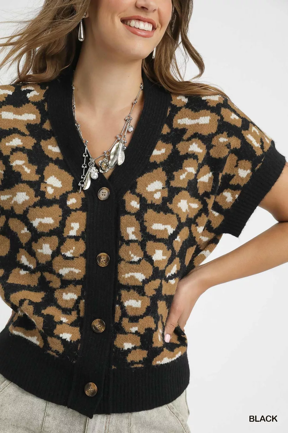 Leopard Button Down Short Sleeve Cardigan, image 5