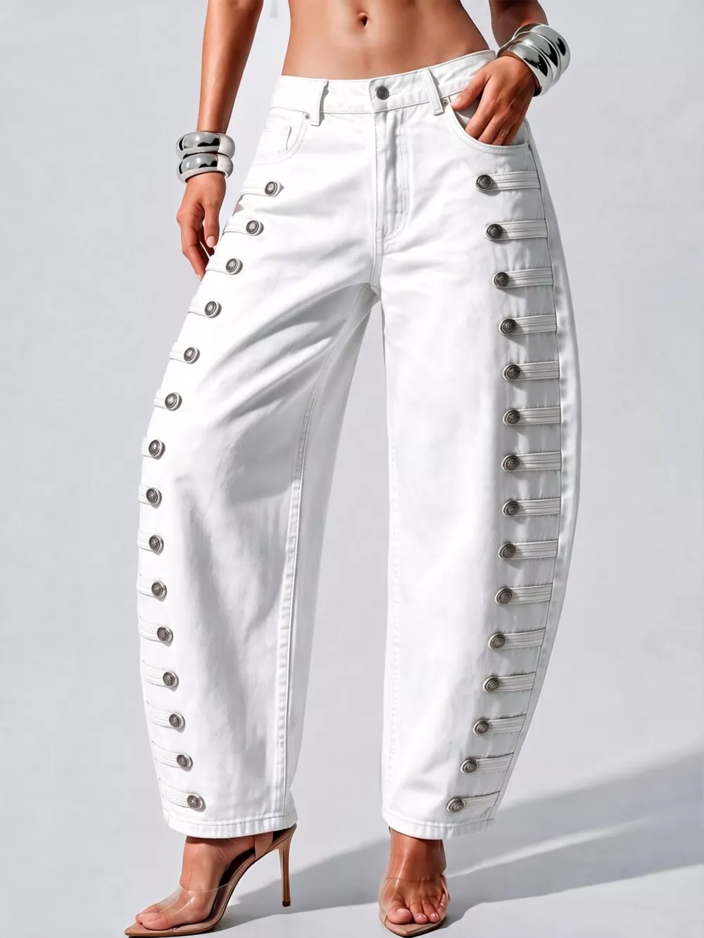 Decorative Button Wide Leg Jeans, image 14