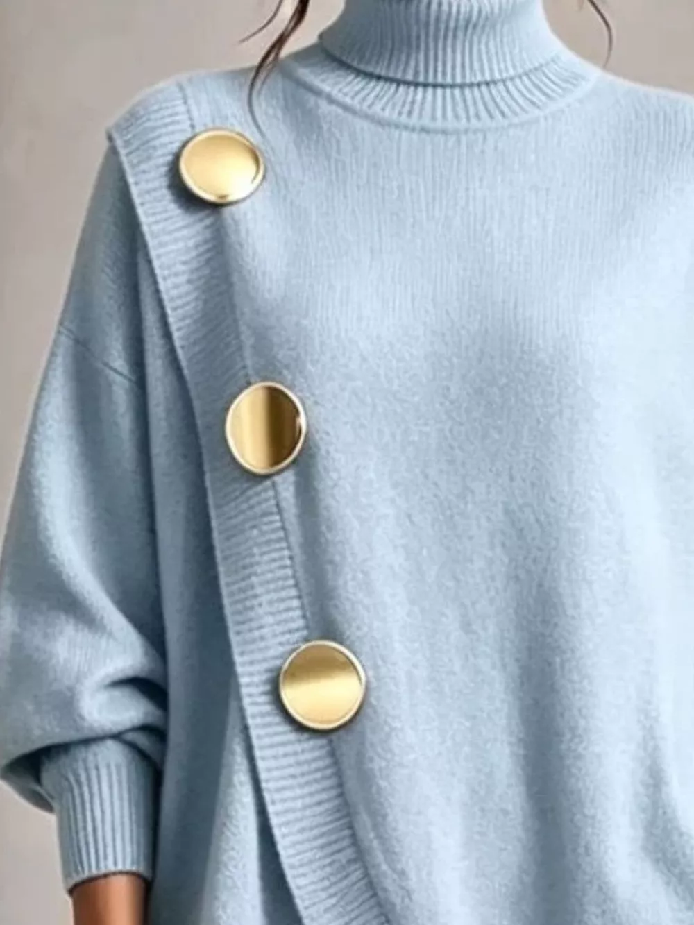 Full Size Elegant Turtleneck Asymmetric Button-Decorated Sweater and Pants Set Plus Size, image 2
