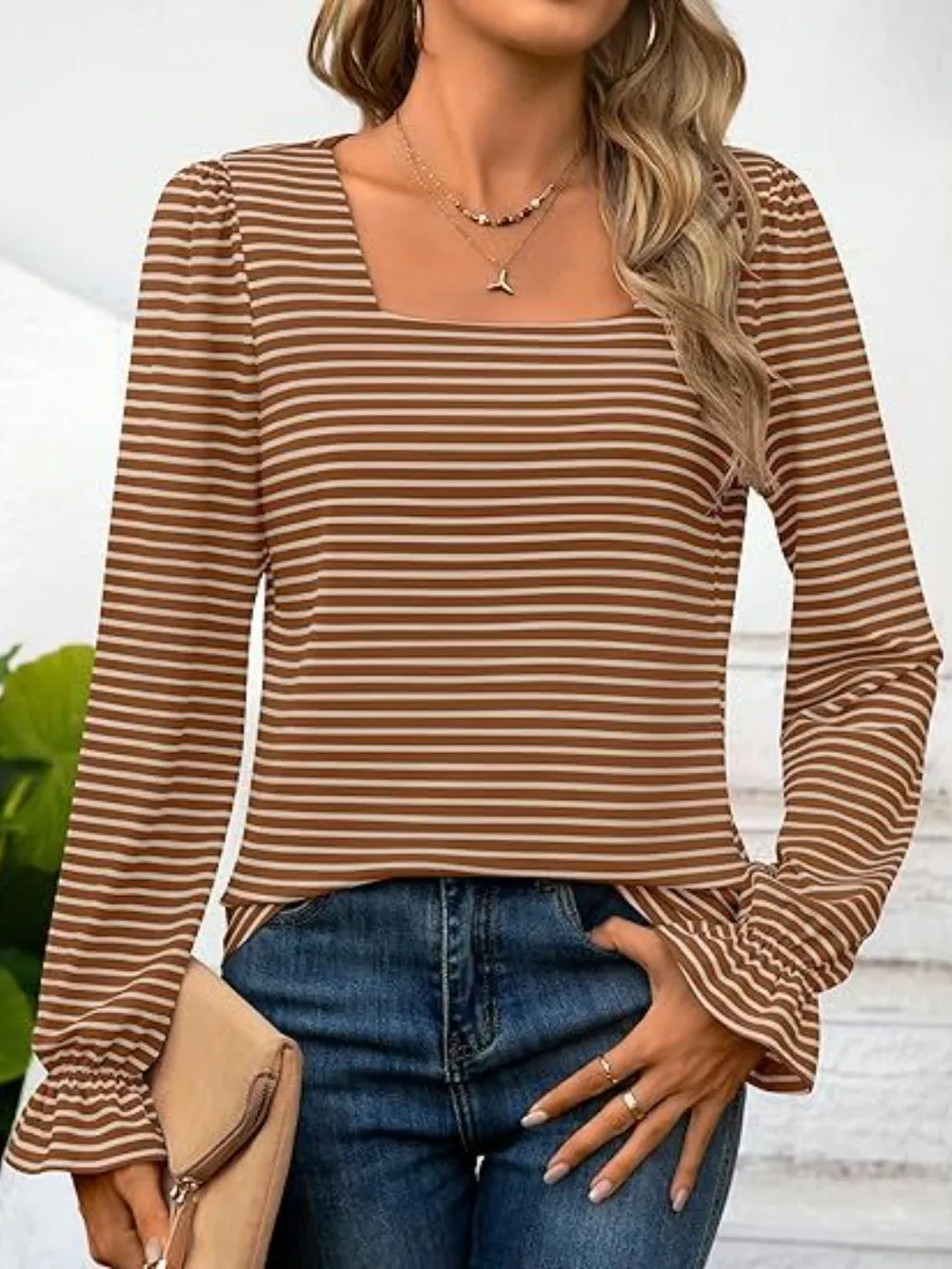 Striped Square Neck Flounce Sleeve Top, image 21