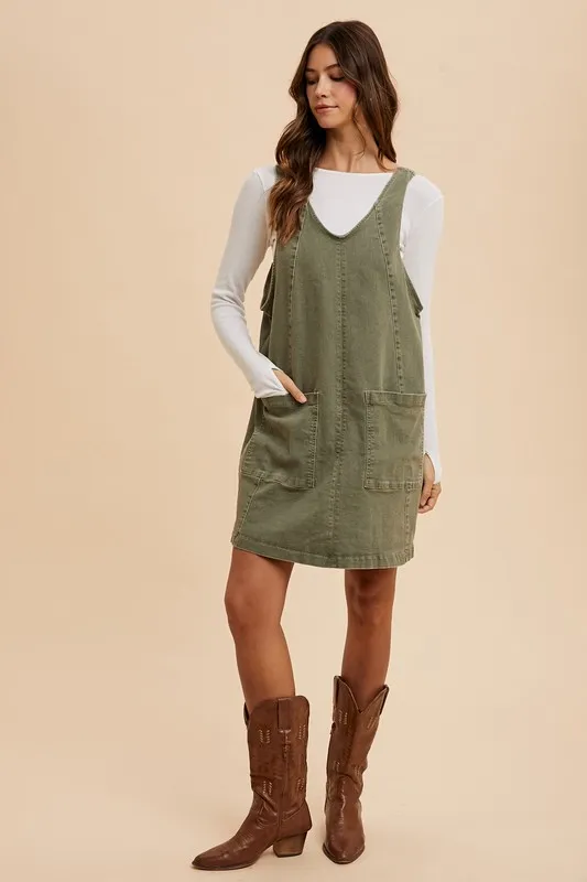 V-Neck Adjustable Strap Denim Overall Dress with Pockets, image 4