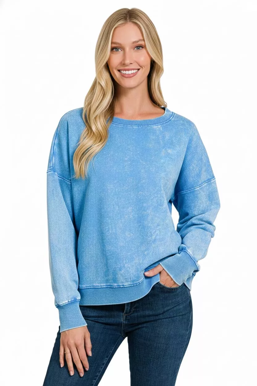 French Terry Acid Wash Boat Neck Sweatshirt, image 3