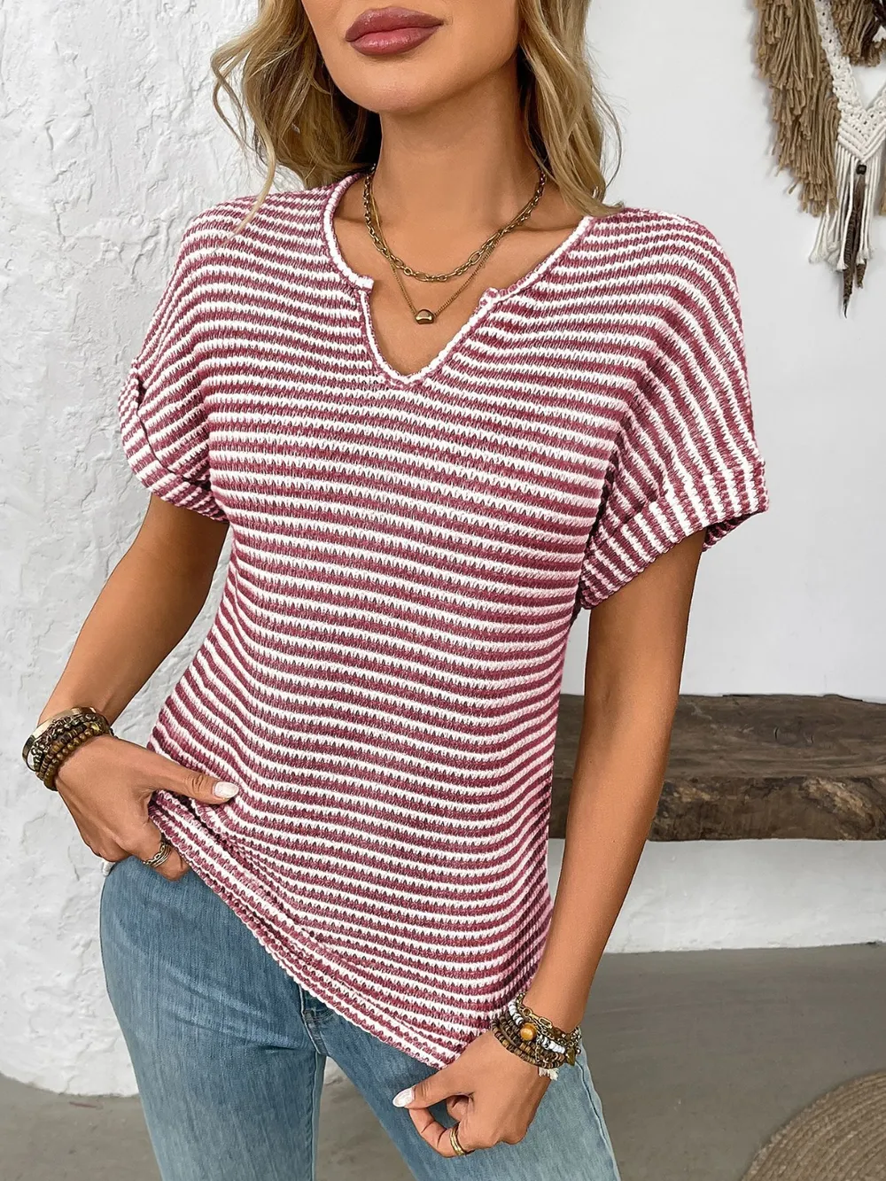 Striped Notched Short Sleeve T-Shirt, image 14