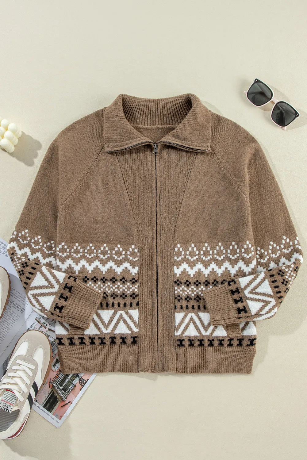 Zip Up Long Sleeve Geometric Cardigan, image 3