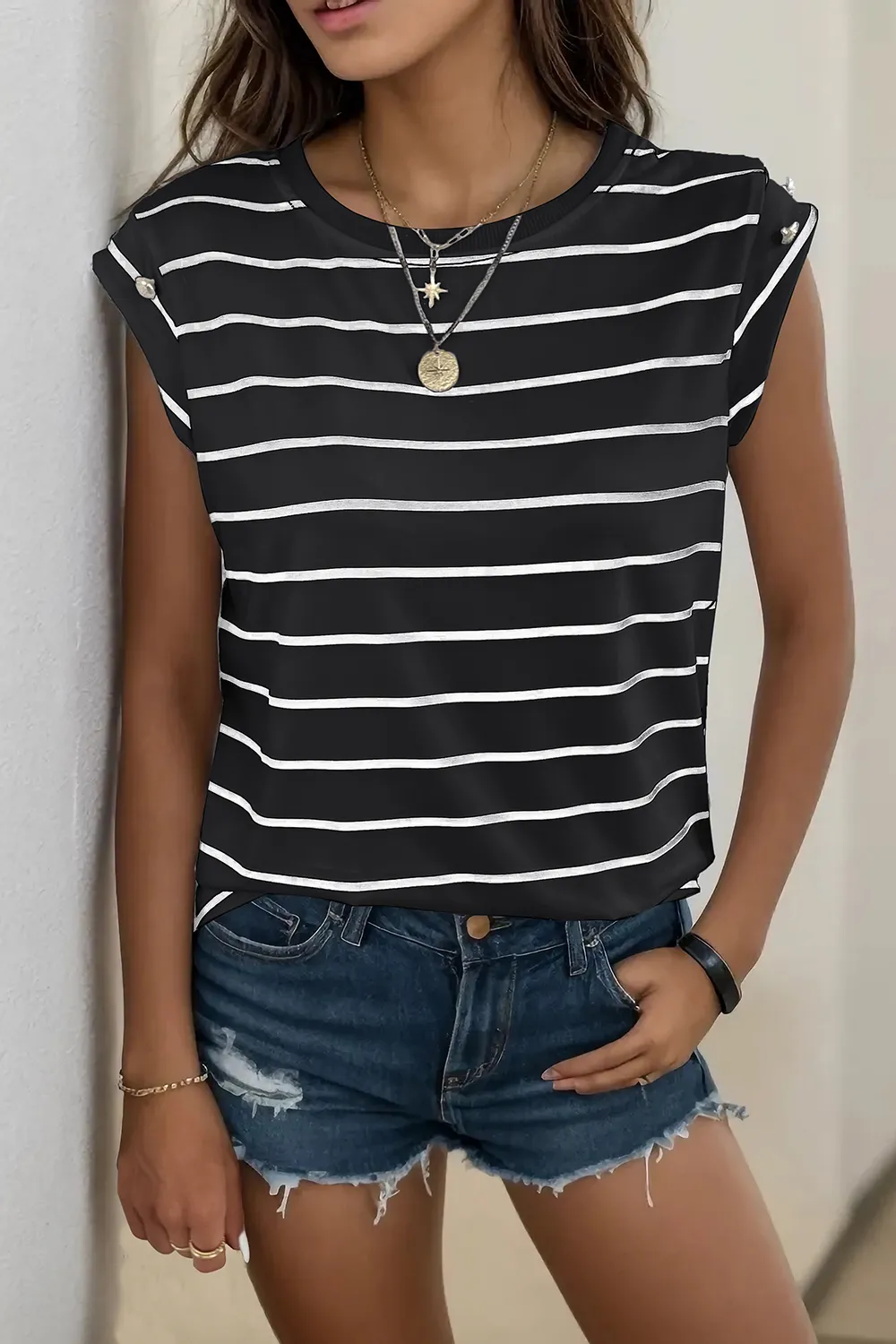 Decorative Button Round Neck T-Shirt, image 20