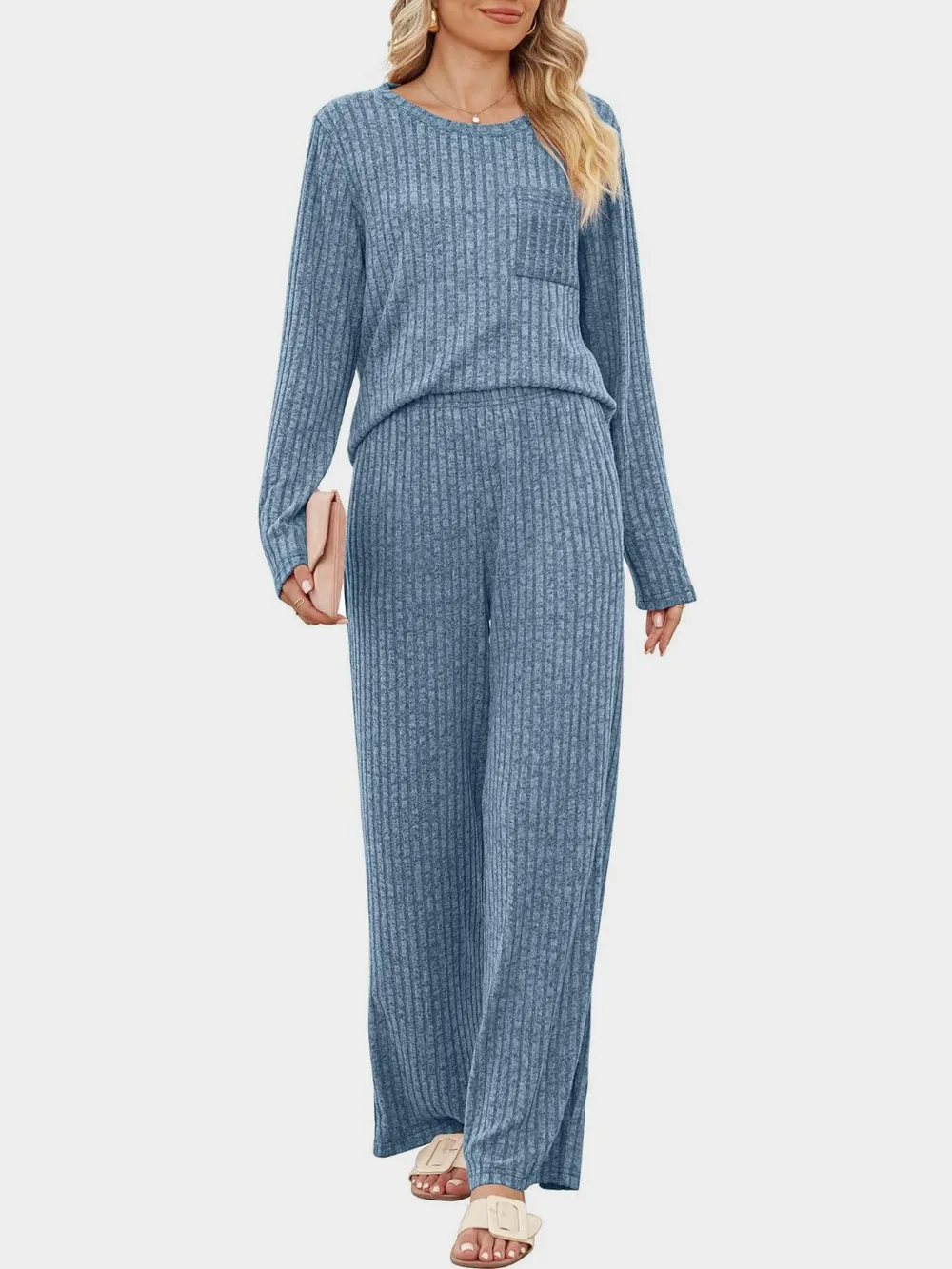 Round Neck Long Sleeve Top and Pants Set, image 14
