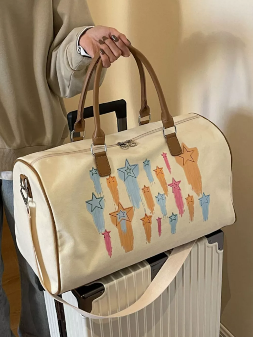 Canvas Duffle Bag with Shooting Star Print, image 3