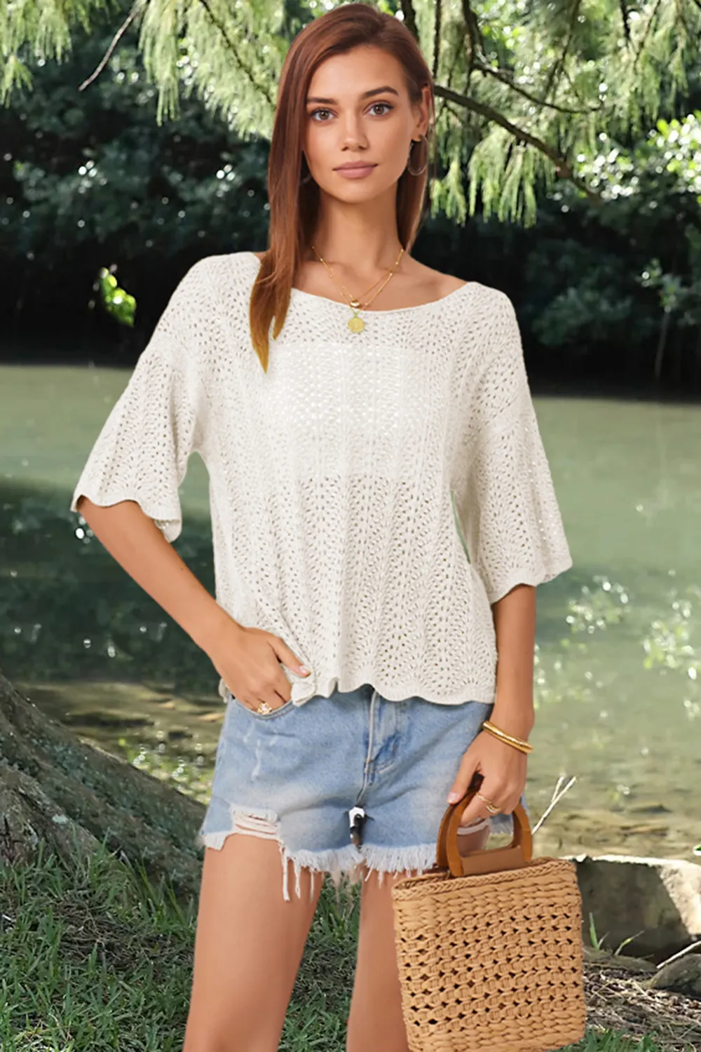 Openwork Round Neck Half Sleeve Knit Top, image 17