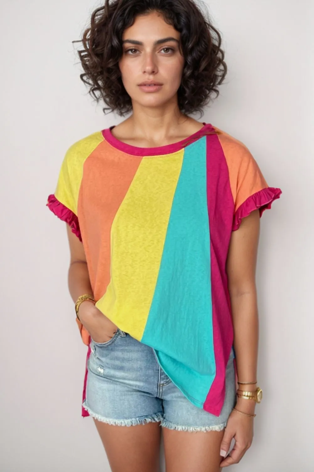 Frill Color Block Crew Neck Loose Fit T Shirt, image 7
